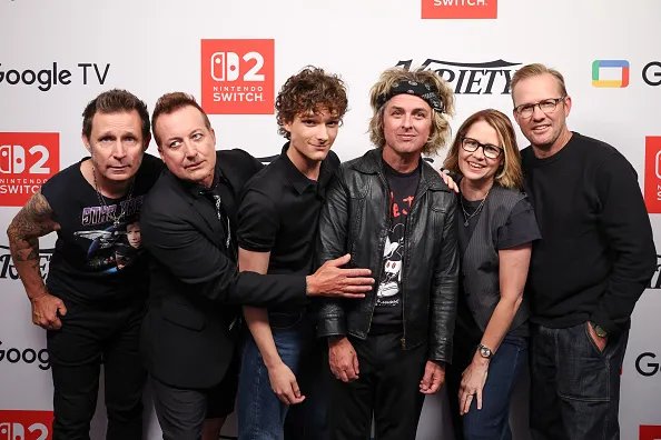 Mike Dirnt, Tré Cool, Mason Thames, Billie Joe Armstrong, Jenna Fischer and Lee Kirk of "Nimrods" at the Variety Studio at San Diego held at The Pendry on July 24, 2026 in San Diego, California. (Photo by Katie Jones/Variety via Getty Images)