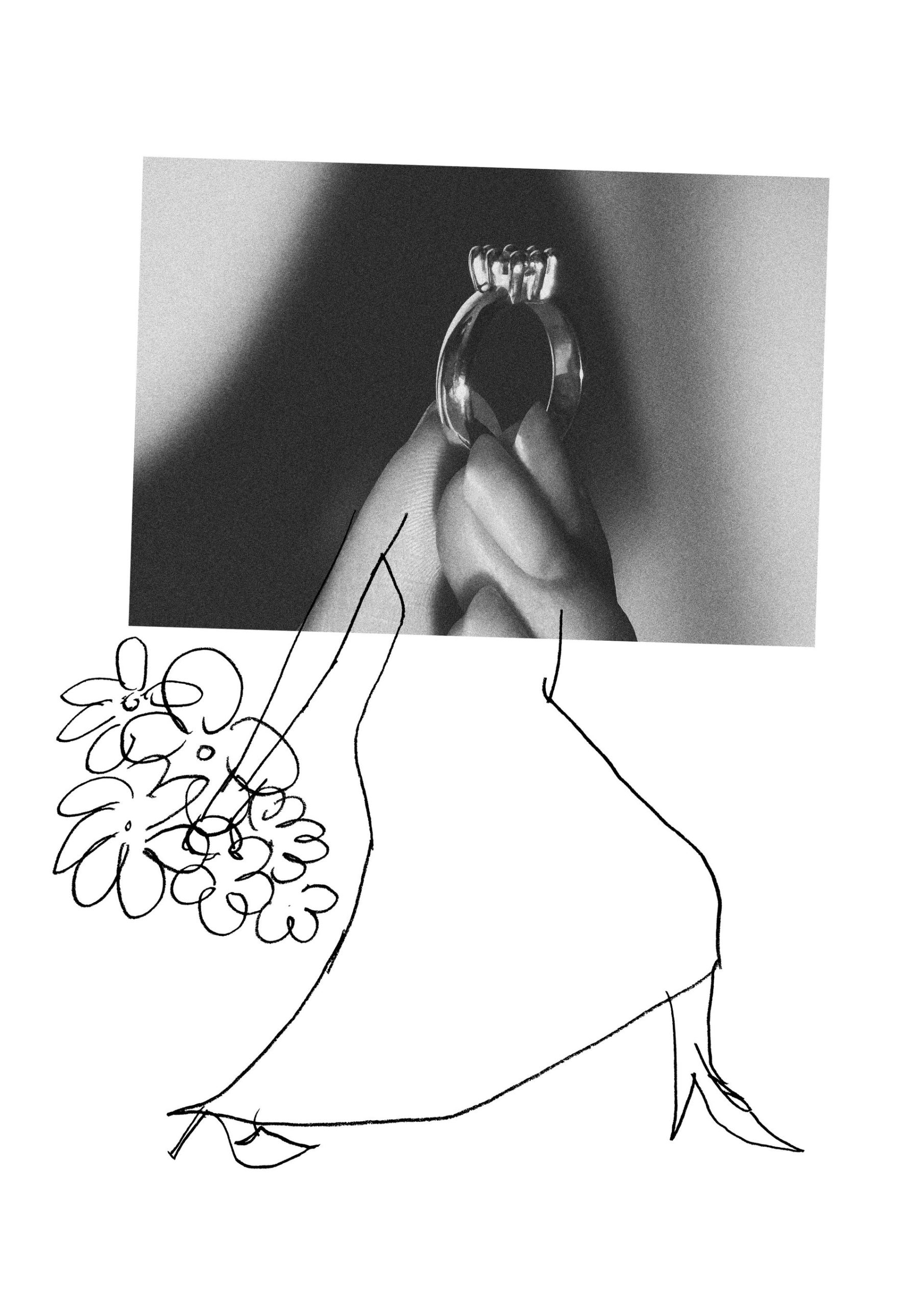 diamond rings in black and white, against the backdrop of pencil drawings of people