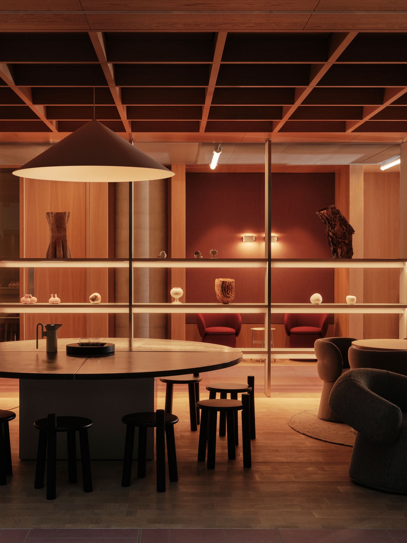 interior of Piercy&amp;amp;Co's Triton-Square, brown tones, timber materiality