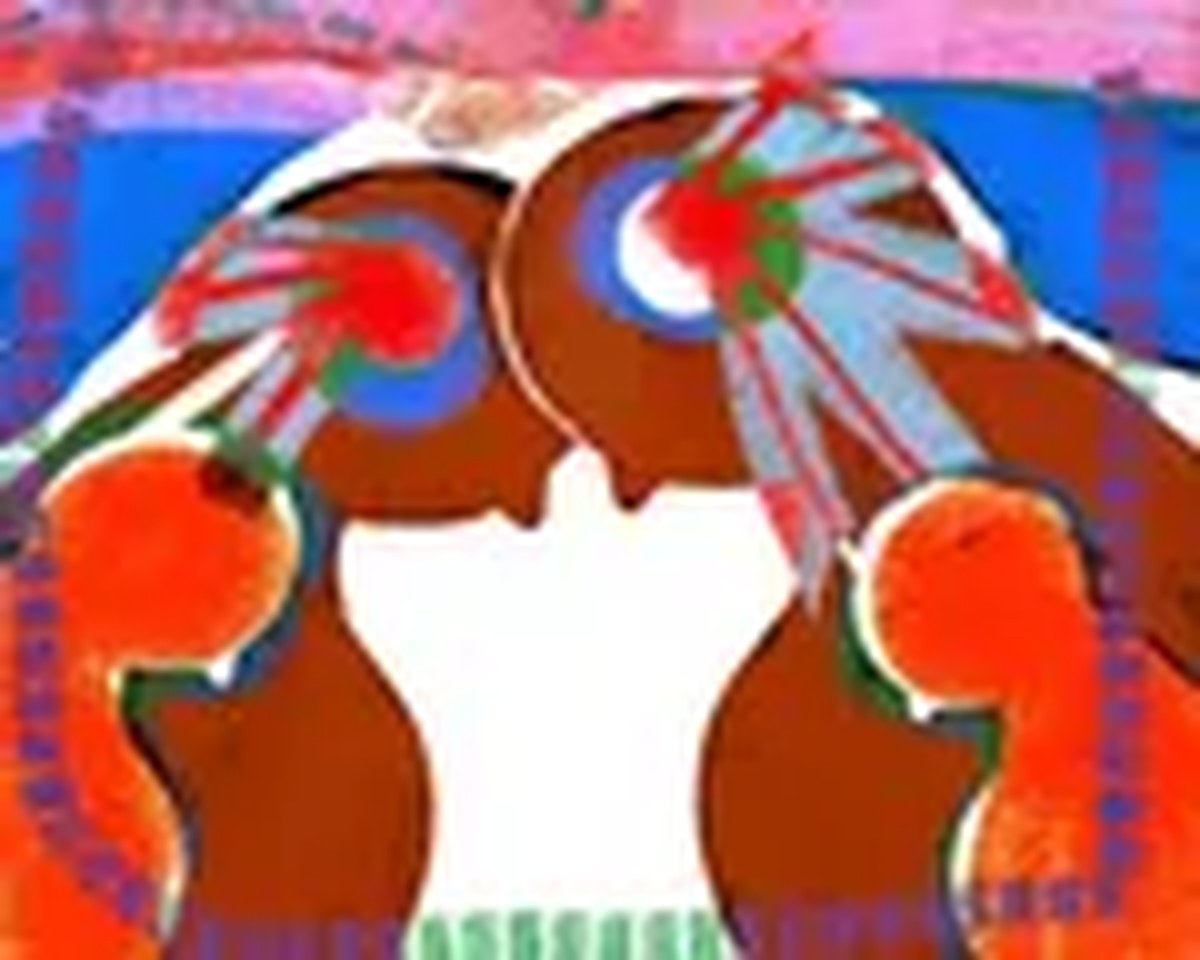 Abstract illustration of outlines of two people with two babies underneath them both in hues of red, the image includes bold colours with stylized shapes and radiating lines.