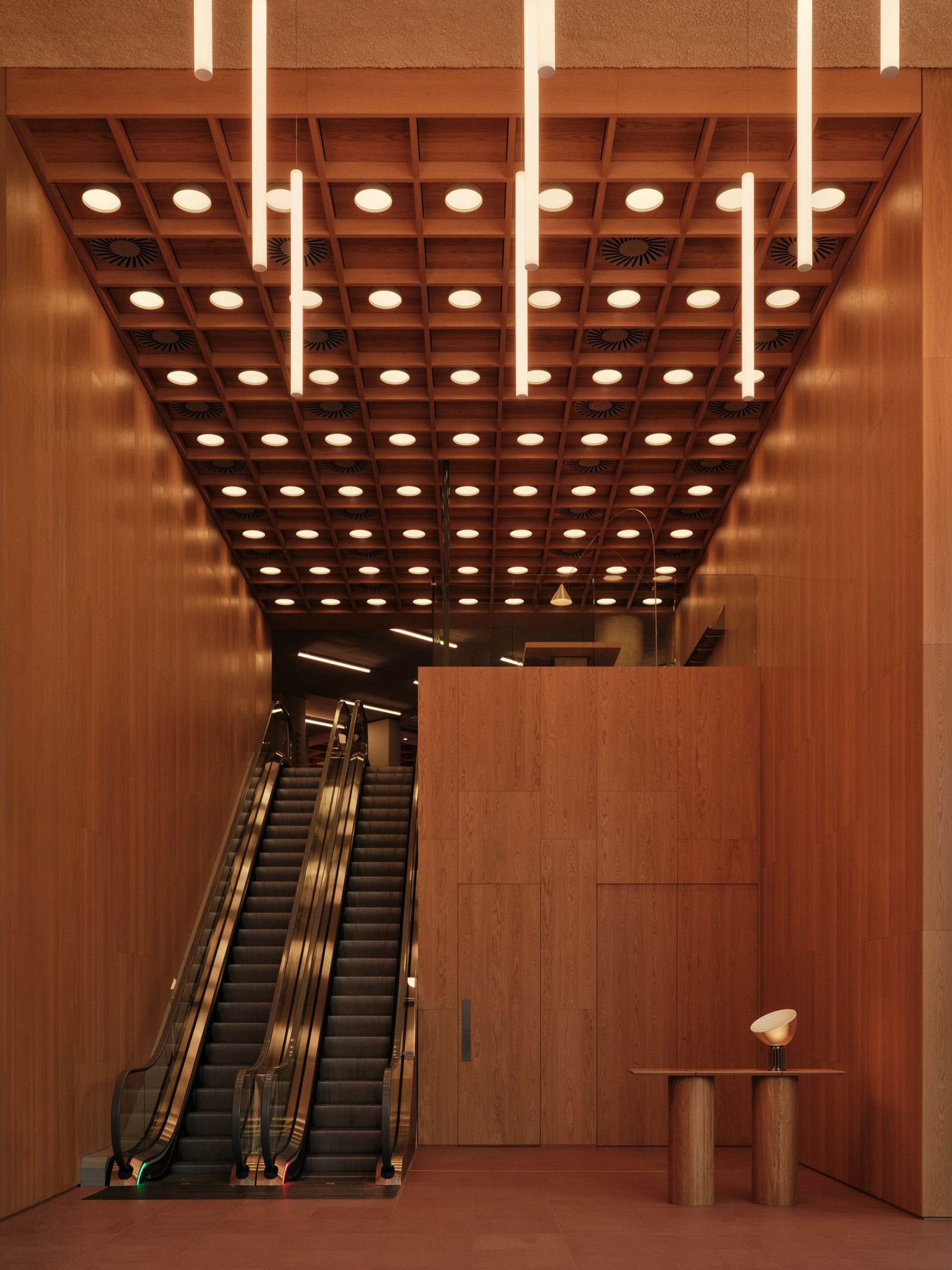 interior of Piercy&amp;amp;Co's Triton-Square, brown tones, timber materiality