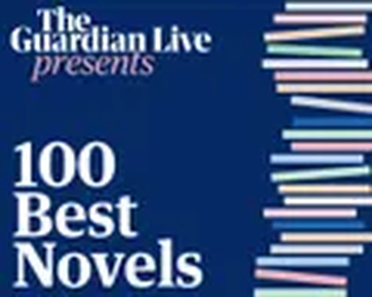 A graphic image on a blue background which states 'The Guardian Live presents 100 Best Novels' the 100 best novels is stacked to resemble a stack of books. Next to it is a multicoloured graphic of a stack of books tumbling down the side of the image.