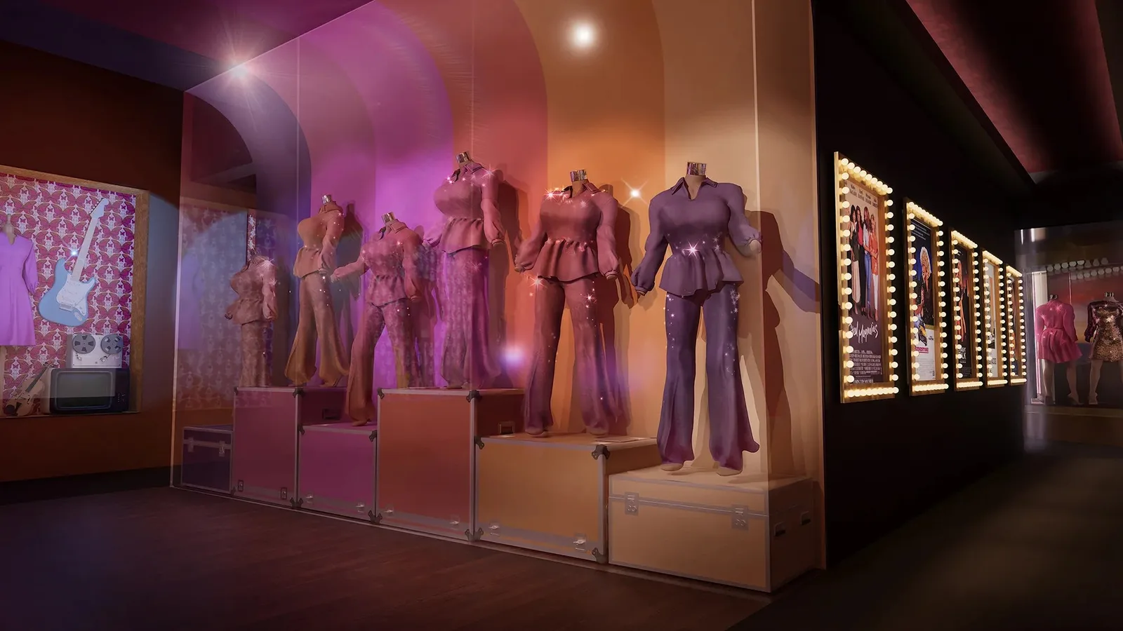 Museum rendering displays Dolly Parton stage costumes, illuminated memorabilia, framed displays, and immersive exhibition galleries with theatrical lighting.