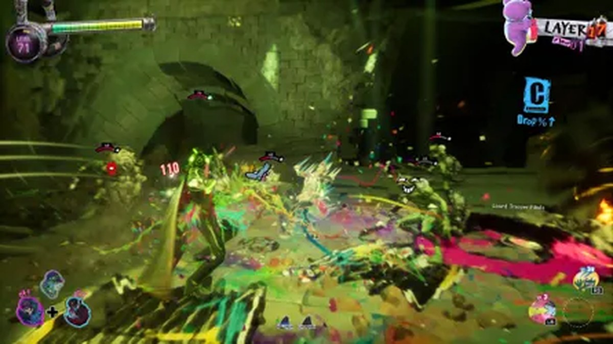 A frenetic fight scene featuring multiple enemies with health bars above their heads.