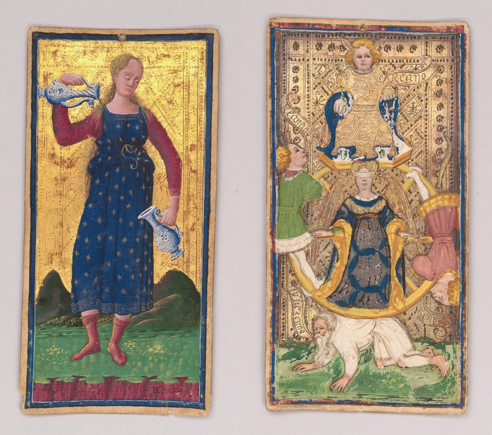 Two illuminated tarot cards on gold leaf backgrounds. Left: the Temperance card, showing a woman in a blue star-patterned dress pouring liquid between two ornate jugs. Right: the Wheel of Fortune card, depicting a large gold wheel with figures at different positions, a blindfolded woman at center, and a winged figure above.