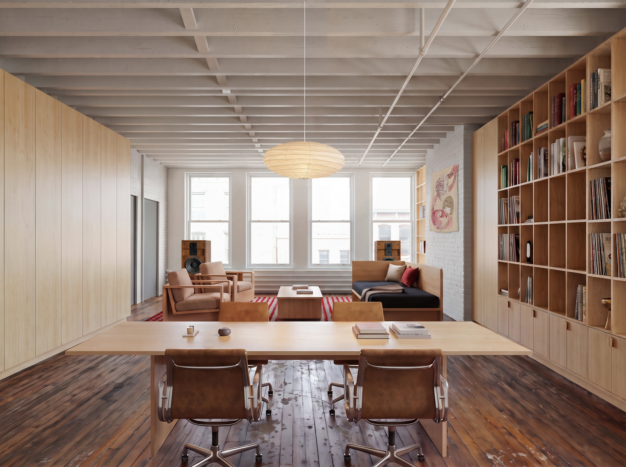 A digital rendering depicting a newly renovated hardwood office space with shelves on the right, a table in the fore, and a seating area in the rear with brightly illuminated windows behind it