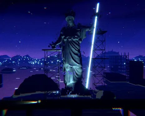 A statue stands in a bluey purple hued sky.