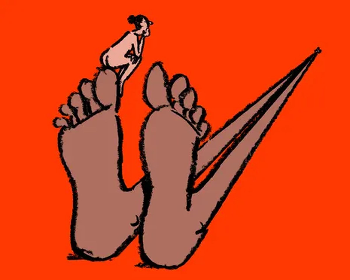 Illustration of a small figure sitting on a large thumb, with the soles of two feet visible