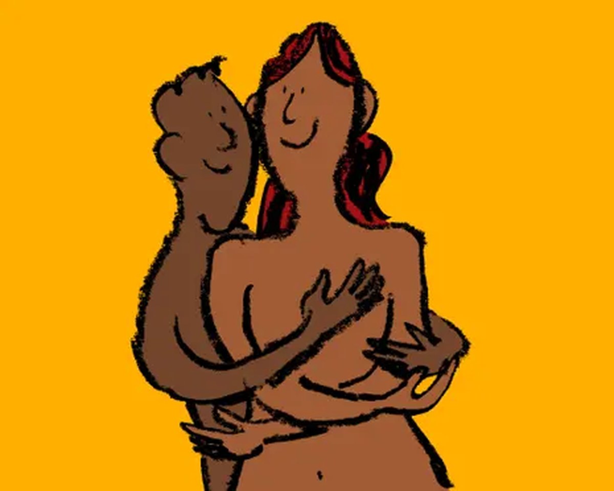 An illustration of a naked man embracing a naked woman from behind.