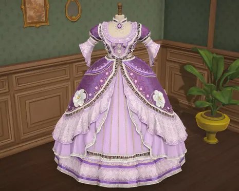 A many-layered purple dress decorated with various trims, on a mannequin.