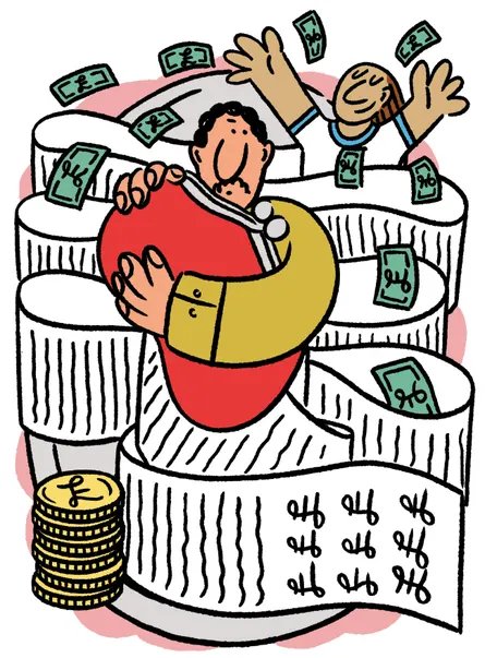 A man holding a wallet, surrounded by a huge paper bill, while a woman throws around money