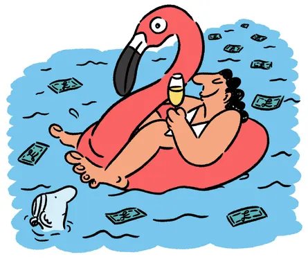 A woman on a water float holds a glass of fizz. The pool is filled with cash and a woman looking disappointed