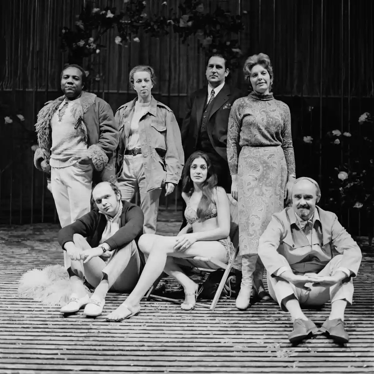 Gomez, centre, on a chair, with fellow cast members of Tippett’s The Knot Garden, 1970.