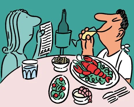 Illustration showing a man and a woman at a restaurant table. He is eating lobster and drinking champagne while she looks disconsolately at the bill