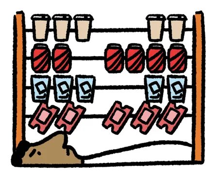 A man lies between an abacus with coffee cups and tickets in place of beads