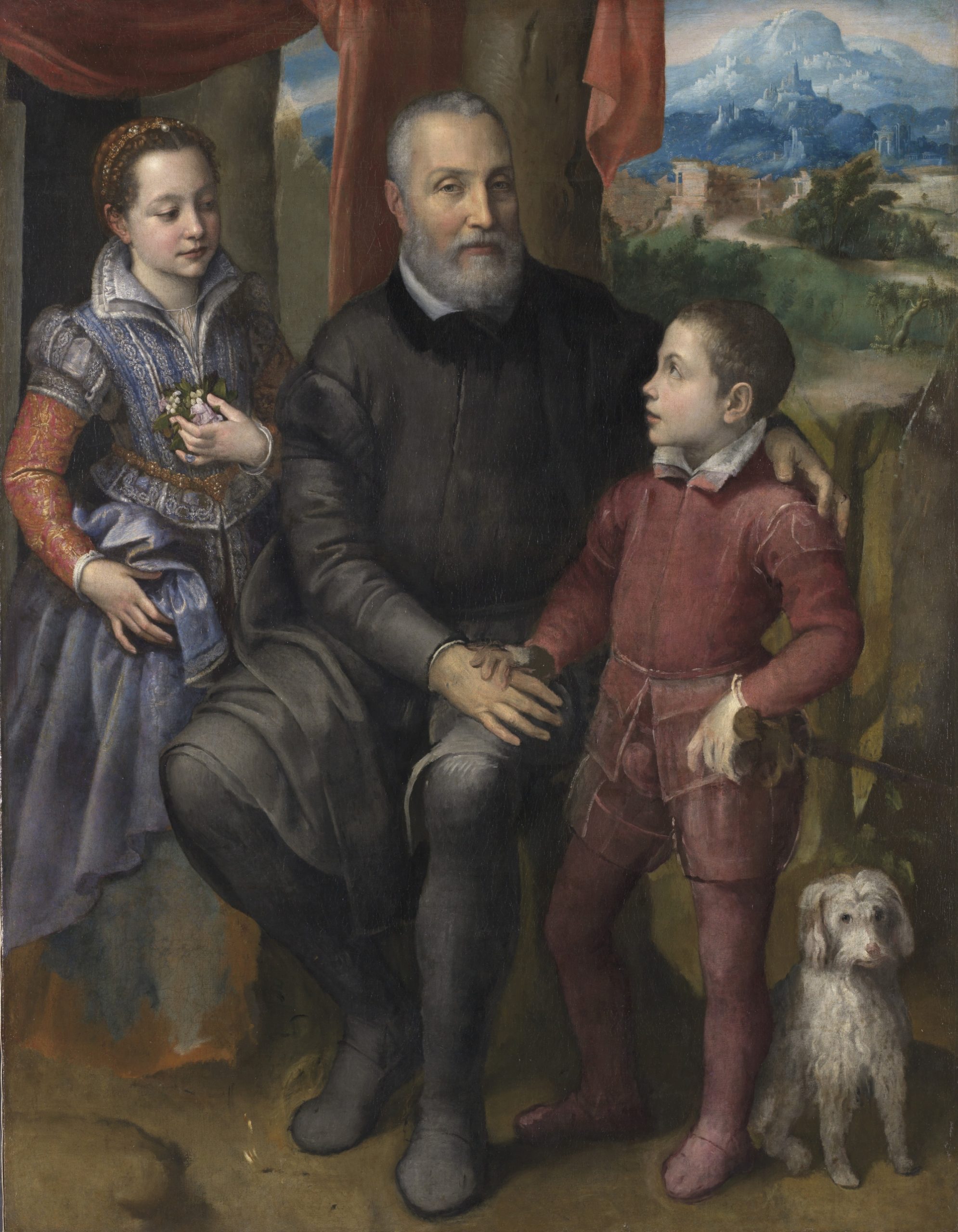 a portrait of a girl and boy beside a man wearing black