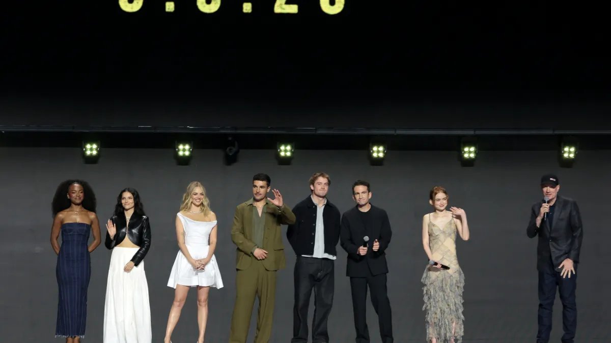 Maya Boyd, Inde Navarrette, Samara Weaving, Christopher Abbott, Kit Connor, Jake Schreier, Sadie Sink and Kevin Feige, President, Marvel Studios, speak onstage at the Disney Entertainment Showcase at D23: The Ultimate Disney Fan Event on August 14, 2026 in Anaheim, California.