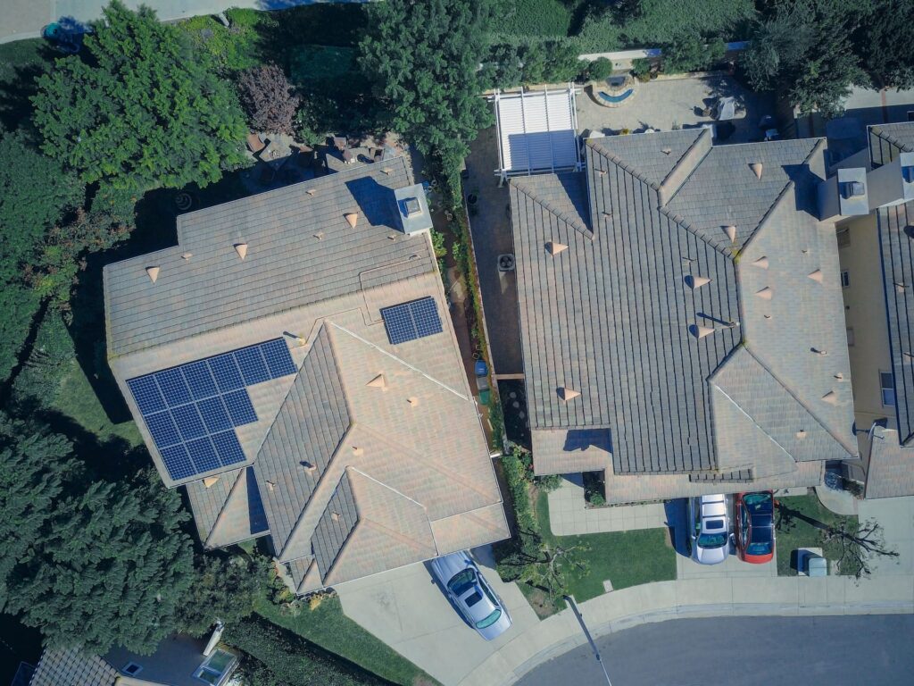 home-solar-rooftop An aerial view of a home solar installation