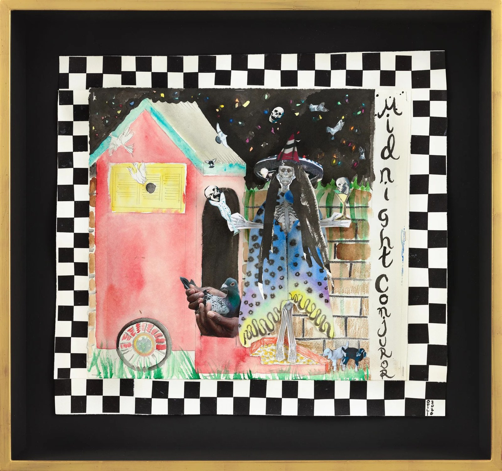 Mixed-media watercolor and collage work titled "Midnight Conjuror," created by Chris Ofili in 2026 for the Tarot exhibition. A tall skeleton wearing a conical striped hat and a dark, star-flecked robe stands centered in a nighttime scene, flanked by a pink house, a hand holding a pigeon, two small goats, and a scattering of skulls and birds in a black sky. The composition is bordered by a black-and-white checkerboard pattern, with "Midnight Conjuror" handwritten vertically along the right edge.