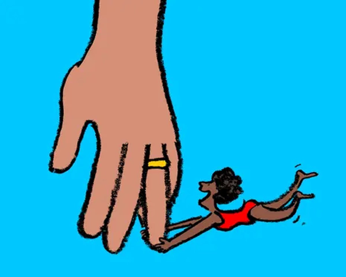 GUARDIAN TIHWDI 170 newcrop Illustration of a large hand with a yellow ring reaches toward a small figure in a red swimsuit diving through the air
