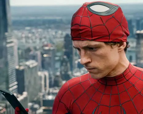 Tom Holland in his Spider-Man costume, with his mask rolled up to reveal his face, looking worriedly at a mobile phone