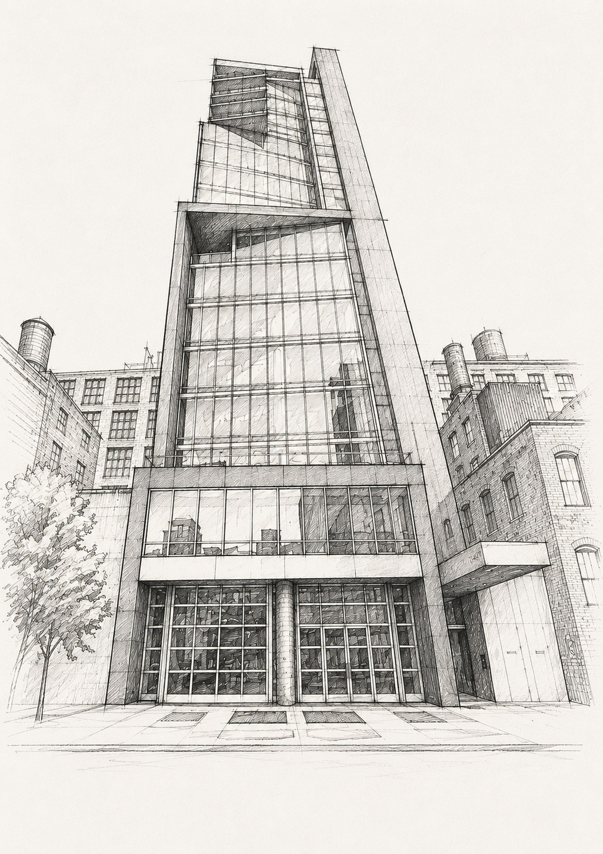 a drawing of a tall, glass-fronted, modernist building in an urban setting