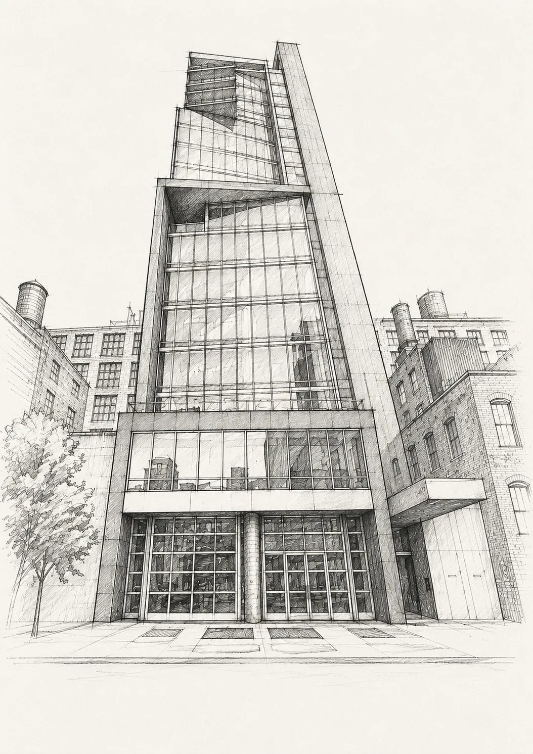a drawing of a tall, glass-fronted, modernist building in an urban setting