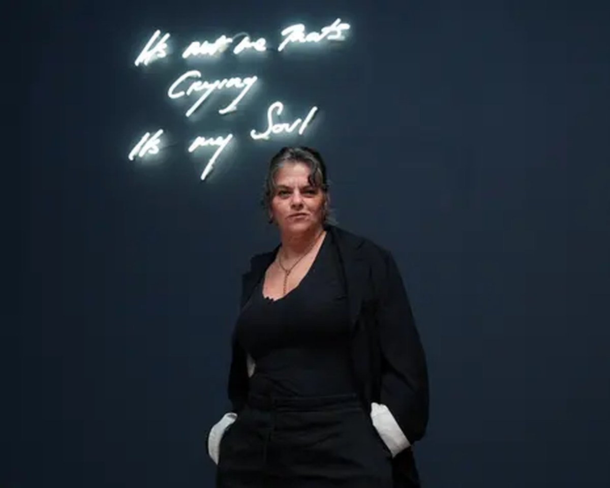 Tracey Emin poses for a portrait in front of her installation "Its Not me Thats Crying its my Soul"
