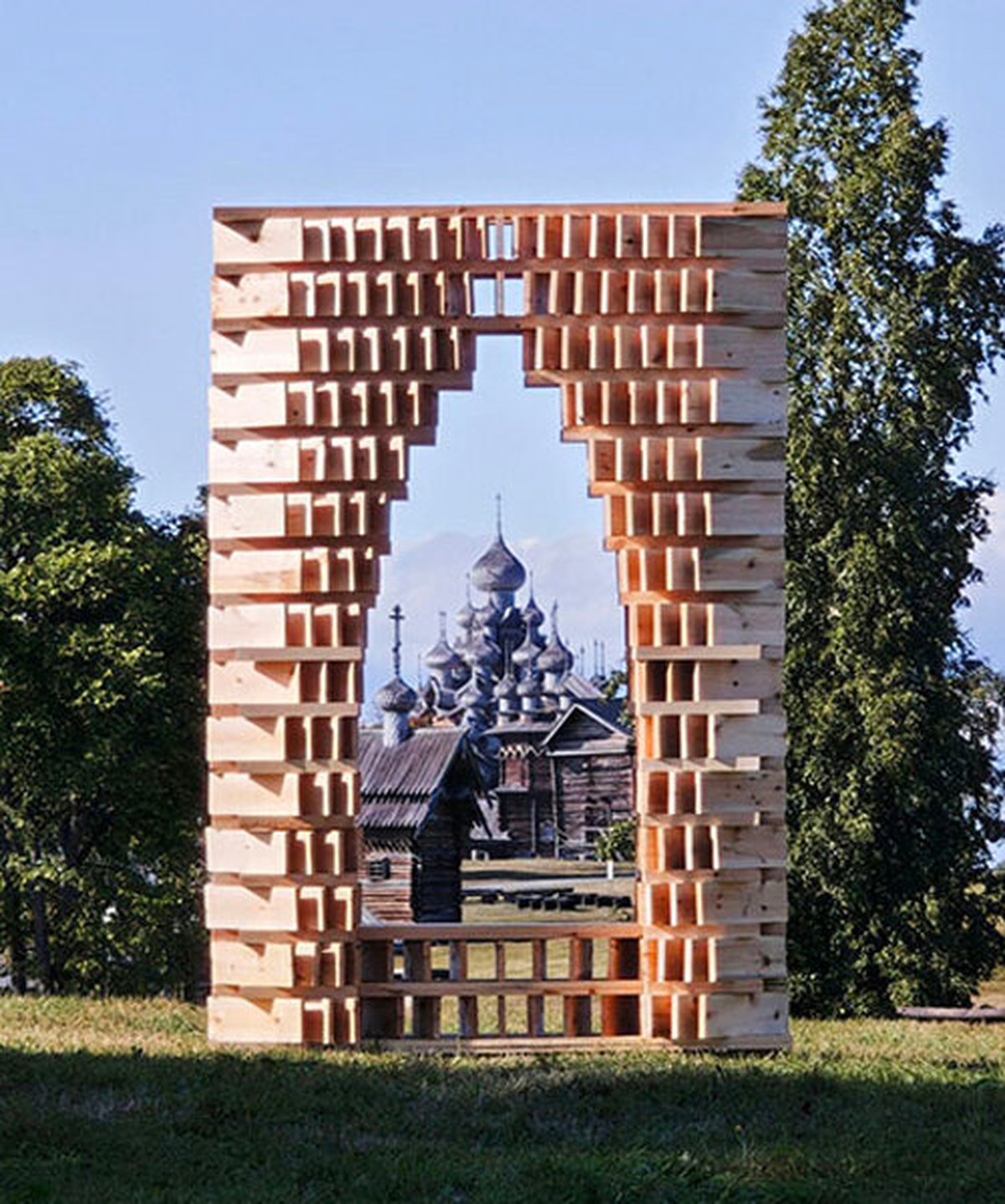 lens installation uses rhythmic timber slats to frame island’s historic churches