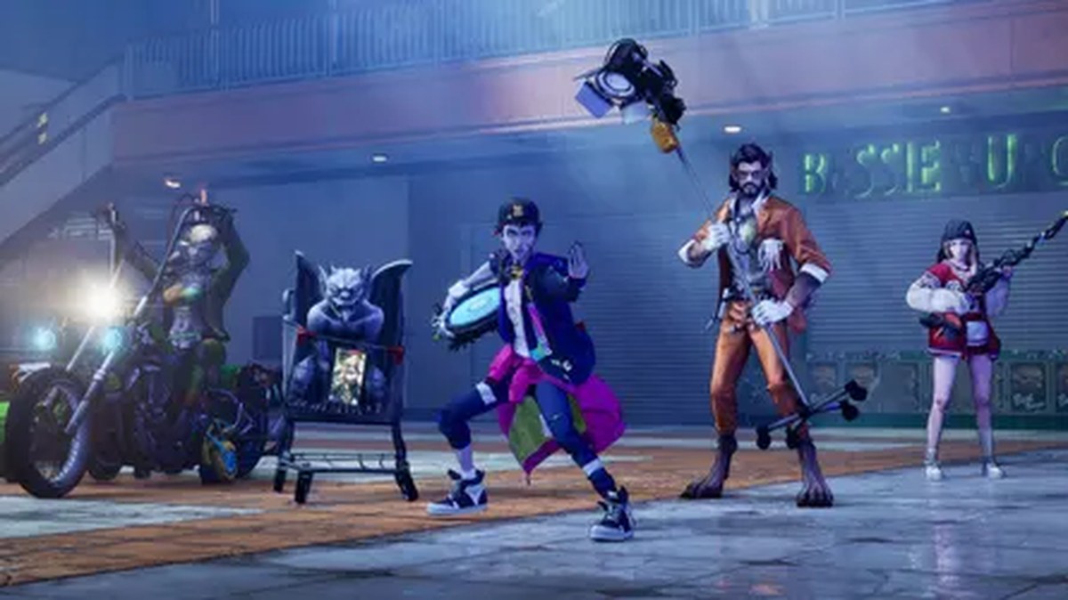 Five figures in a row inside a mall: a female zombie on a motorbike, a gargoyle in a shopping trolley, the male zombie protagonist, a man with pointy ears and wolf-like feet, and a young woman holding a weapon adapted from a broom.