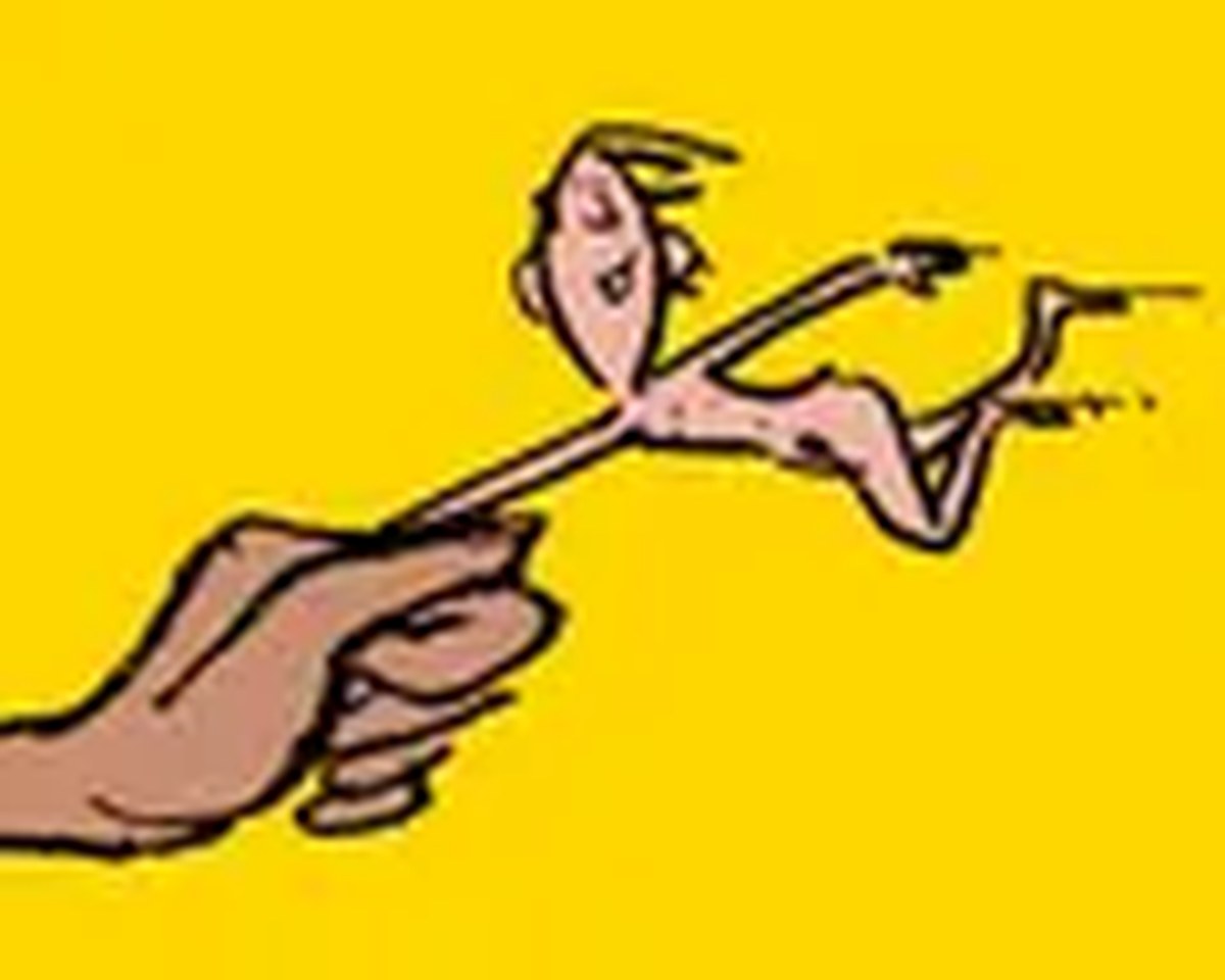 A hand holds a small cartoon figure of a person flying horizontally through the air with limbs outstretched