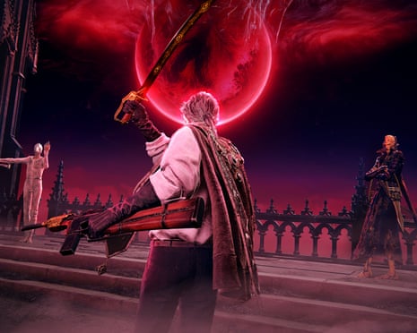 A caped character with a gun in one hand and a sword raised in the other faces two others. A big red moon fills the sky above.