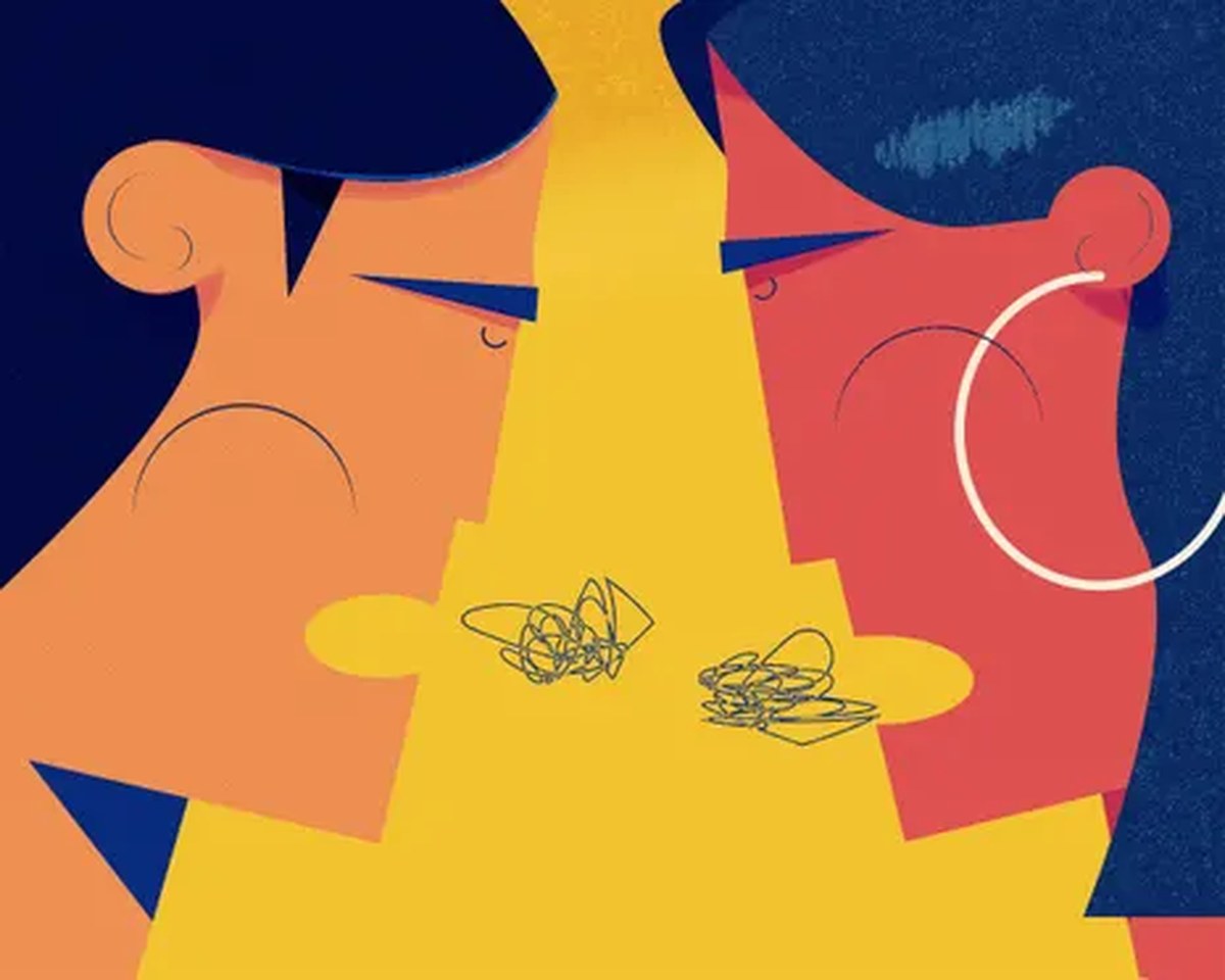 An illustration of two people from side profile shouting at each other
