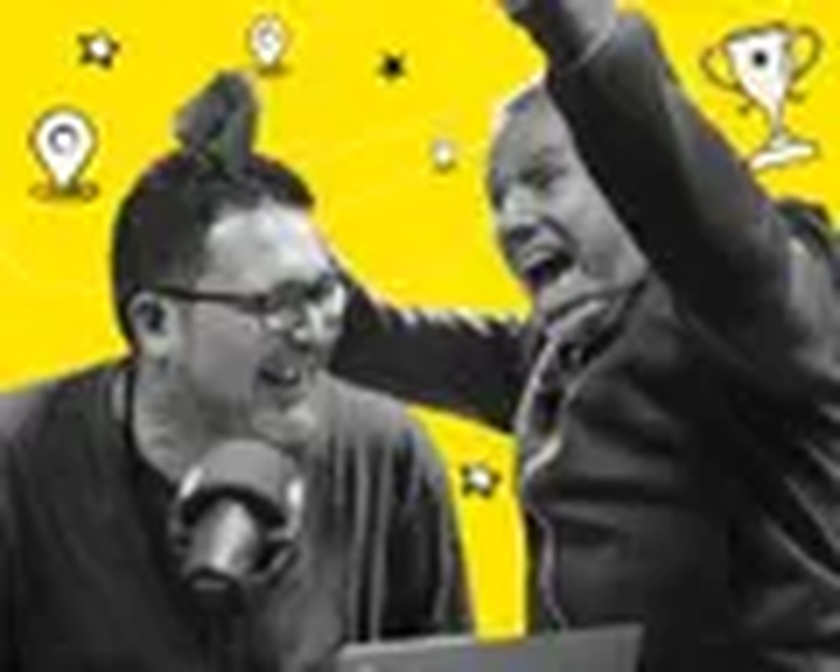 Barry Glendenning and Max Rushden on their podcast celebrating in front of a yellow background with white patterns