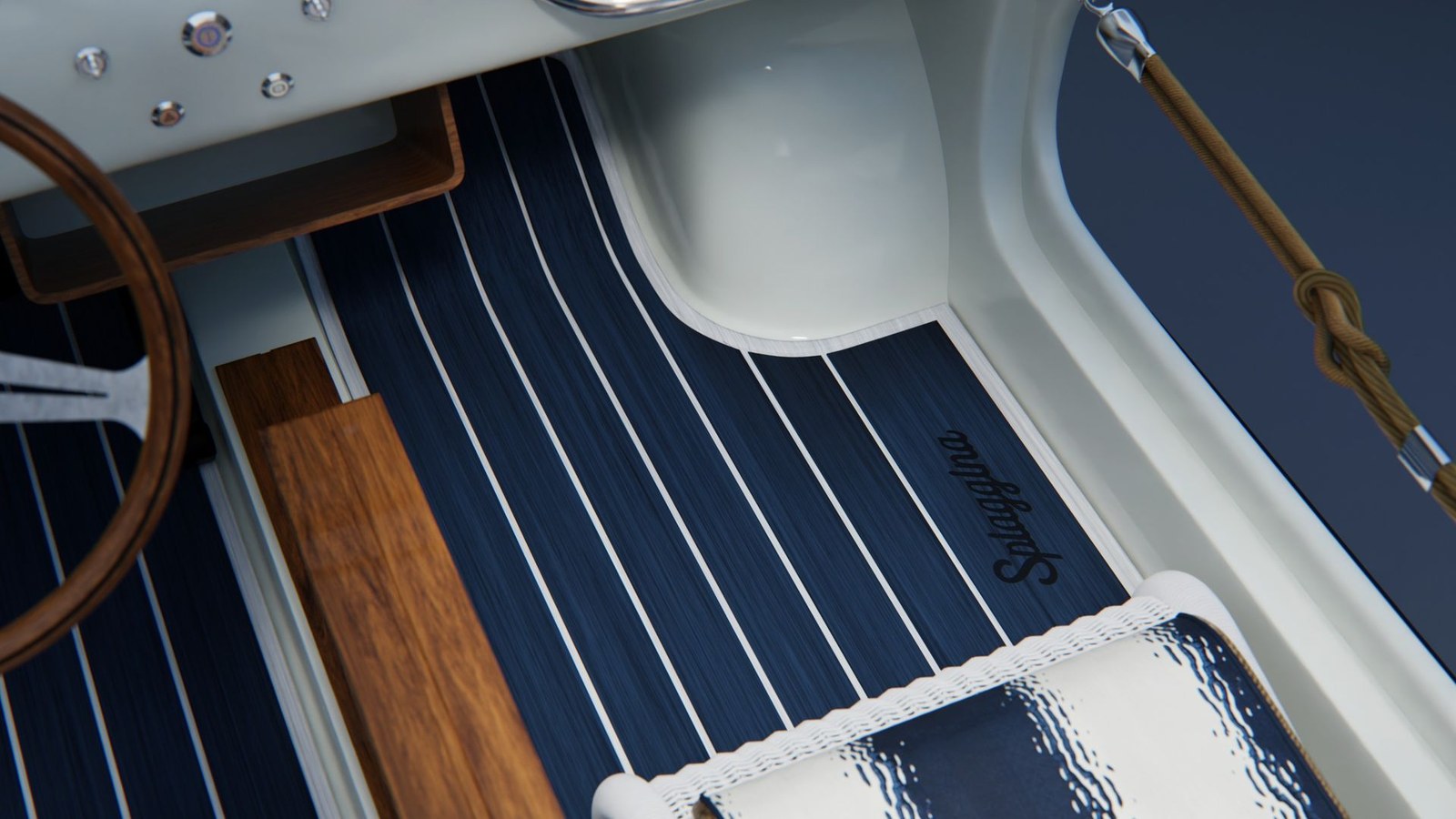 The blue and white floor mats are by Italdek, while the 'Scia' fabric is by Mariaflora