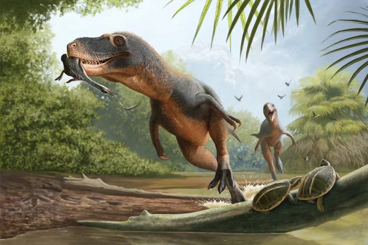 An illustration of a large dinosaur with a bird in its mouth
