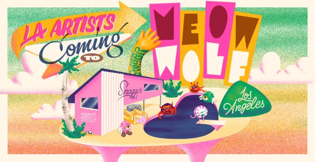 A brightly designed graph poster announcing the arrival of Meow Wolf Los Angeles