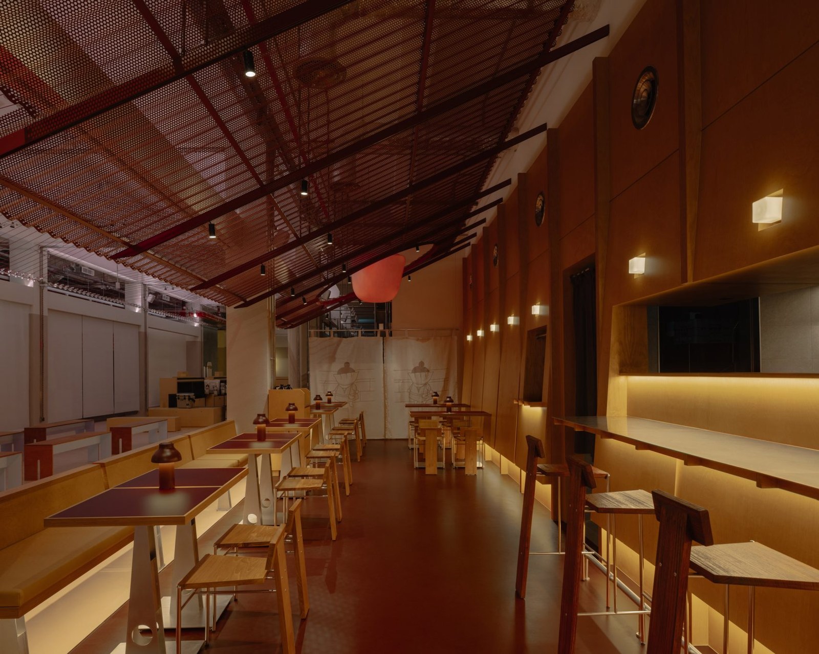 Plywood furniture at izakaya-style restaurant