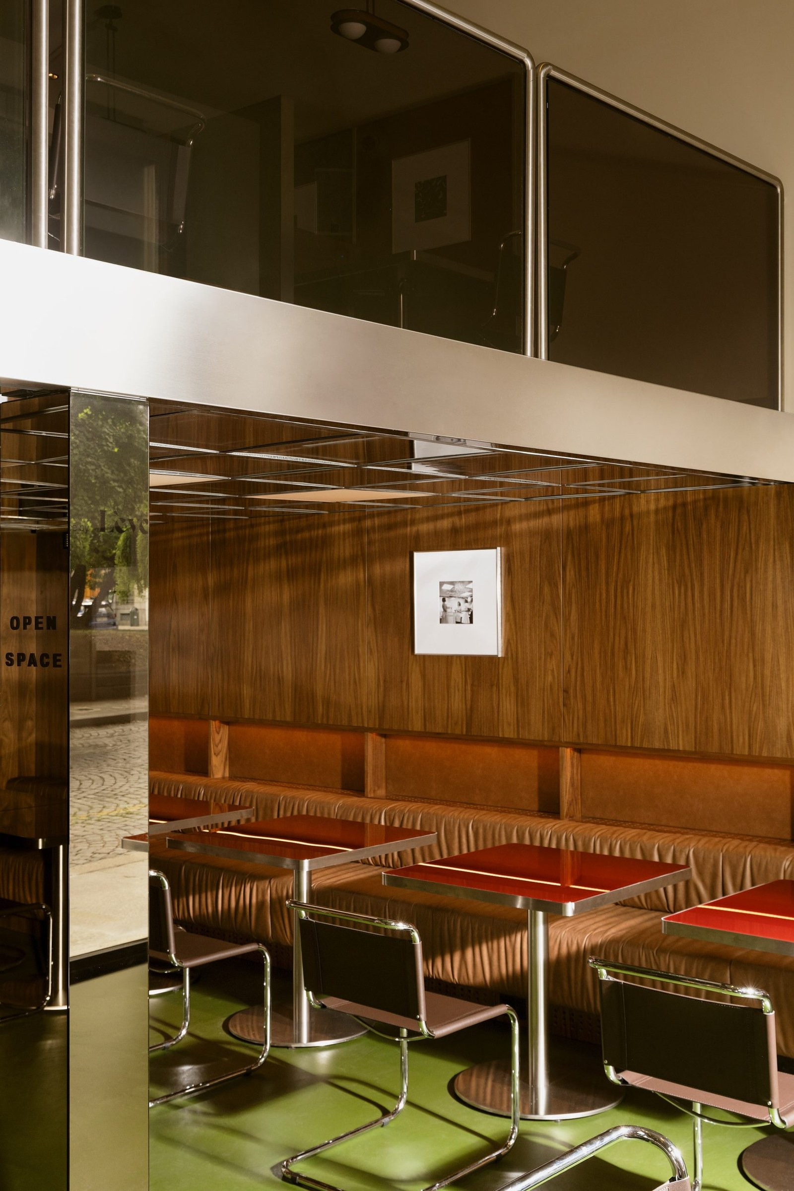 Seating area beneath mezzanine