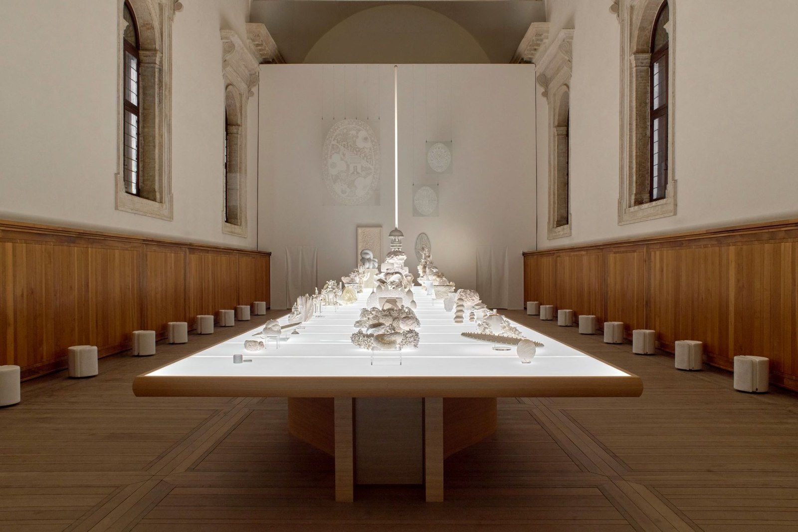 Installation at Homo Faber 2026 by Es Devlin, featuring Giorgetti ‘Summa' poufs