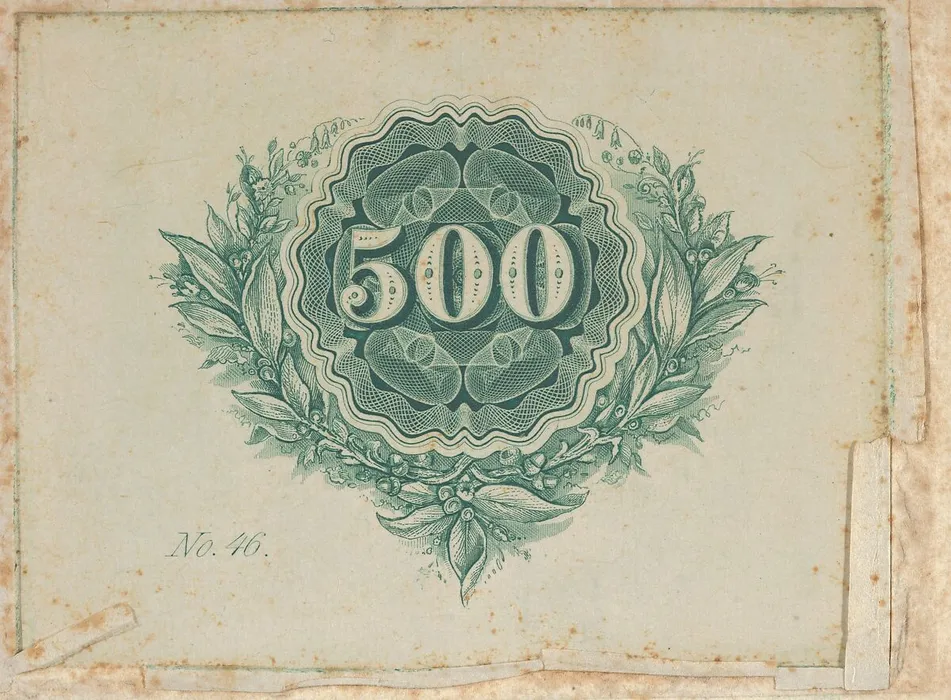 Banknote motif: number 500 at the center of a circular design of lathe work with wavy edges, surrounded by an open wreath of leaves, berries and flowers - A. B. & C. Durand & Company