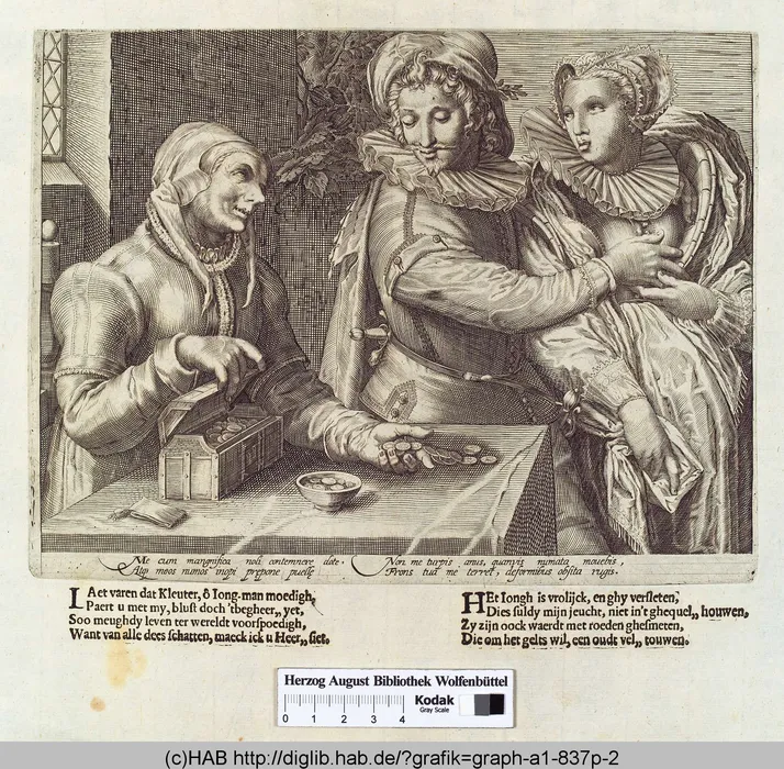 Einem Paar werden Münzen aus einer Geldkasette angeboten - Hendrick Goltzius