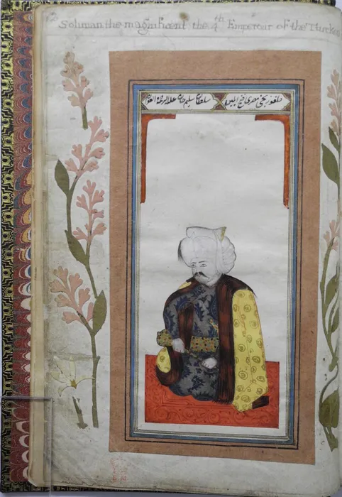 Portrait of Sultan Selim kneeling on small rug, holding a sceptre in his left hand fruit in his right hand, and a cloth in his left hand. He is bearded and wears a high turban and a coat with frogging.  Album leaf painted in opaque watercolour and in - Bilinmiyor