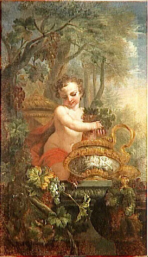 tableau ; L'Automne ; un amour presse des raisins dans un vase rehaussé d'or - DAMOISELET Florentin