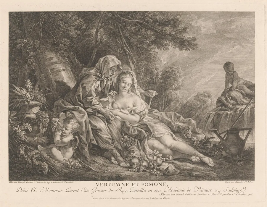 Vertumnus en Pomona in een parklandschap - Augustin de Saint-Aubin