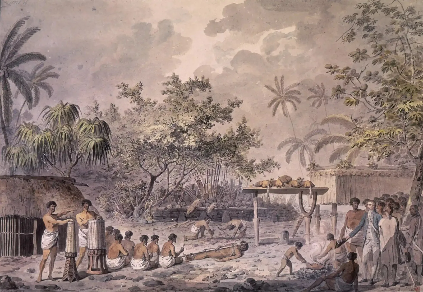 A British man and his officers watching a group of Tahitians prepare a man and some pigs for sacrifice on a tropical island.