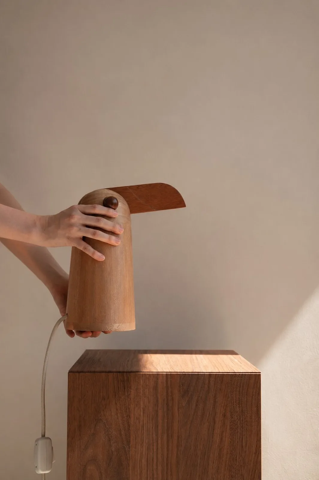 crafted from dual-tone solid oak, TUPI lamp by estudio gris resembles bird at rest - 2