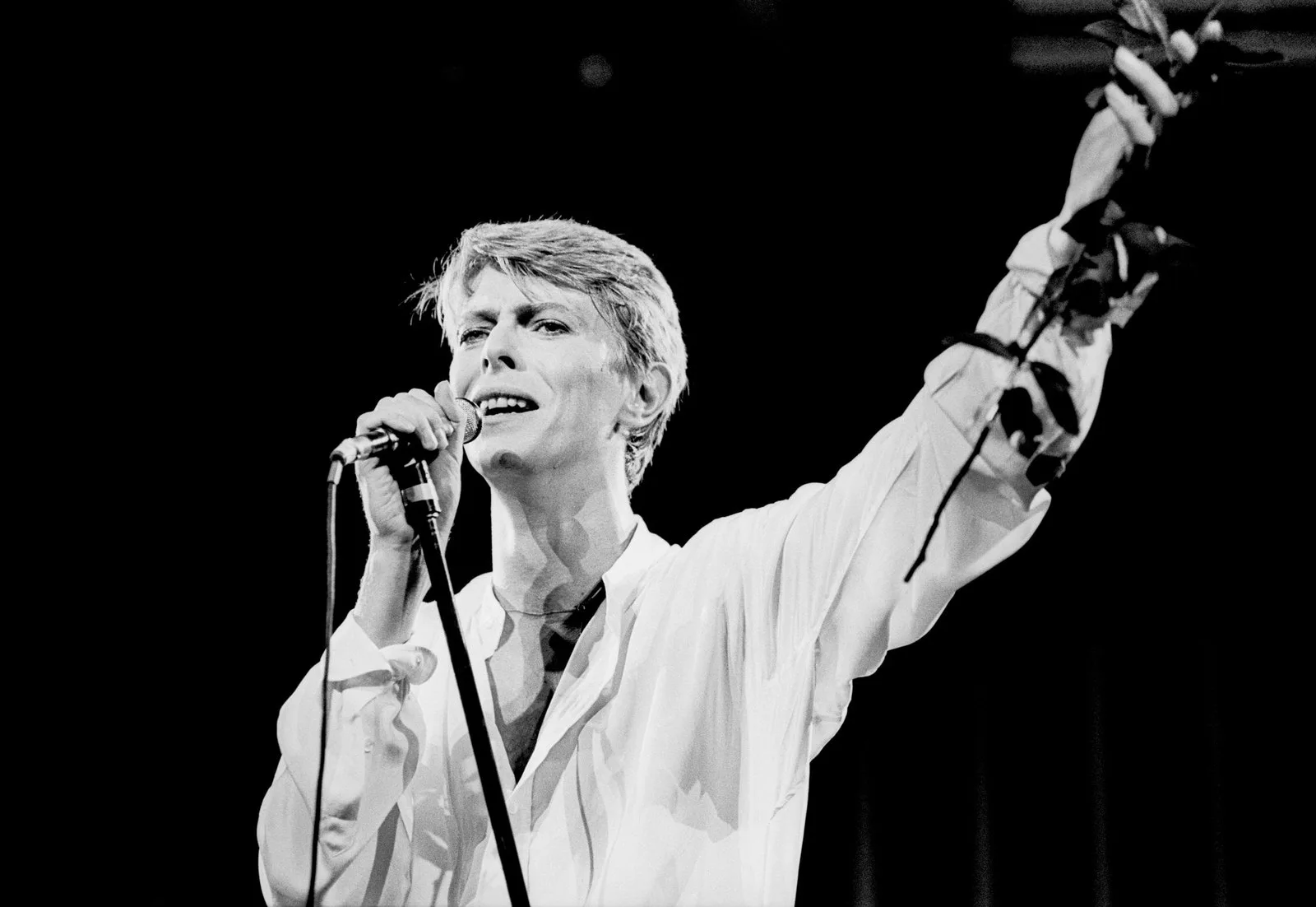 Black-and-white photograph of David Bowie singing into a microphone, one arm raised during a live performance.