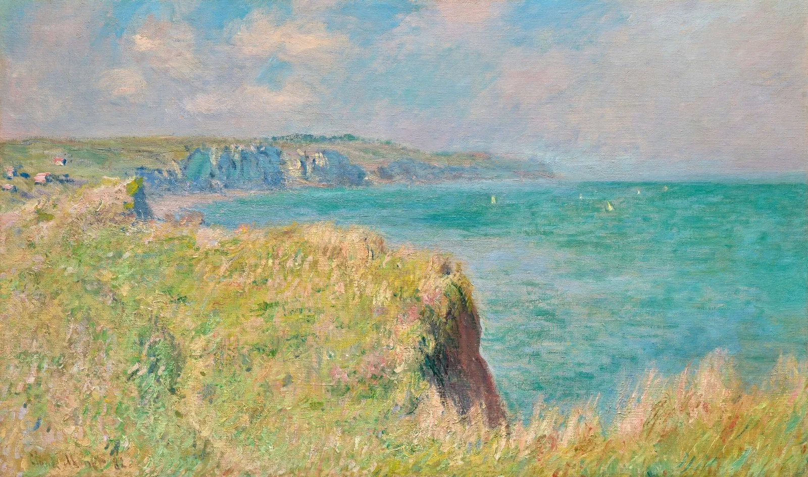 a painting of a grassy cliff side by a sea