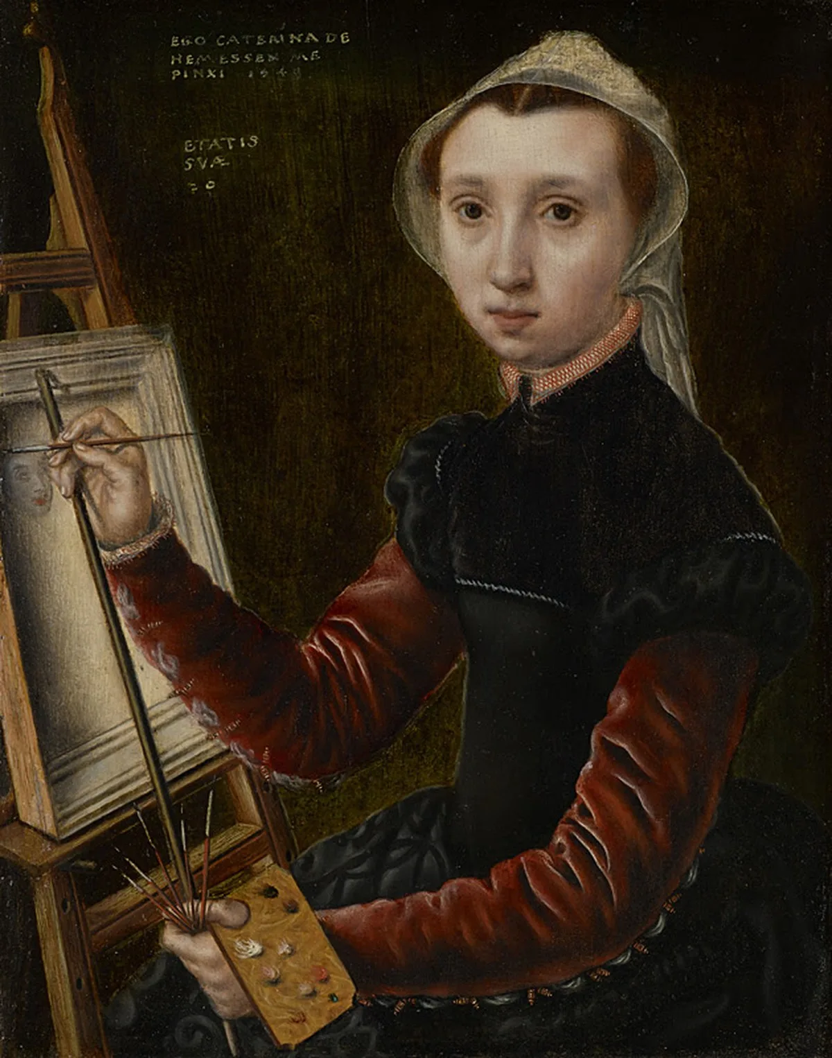 a painting of a woman sitting at an easel painting a face, she is turned to face us